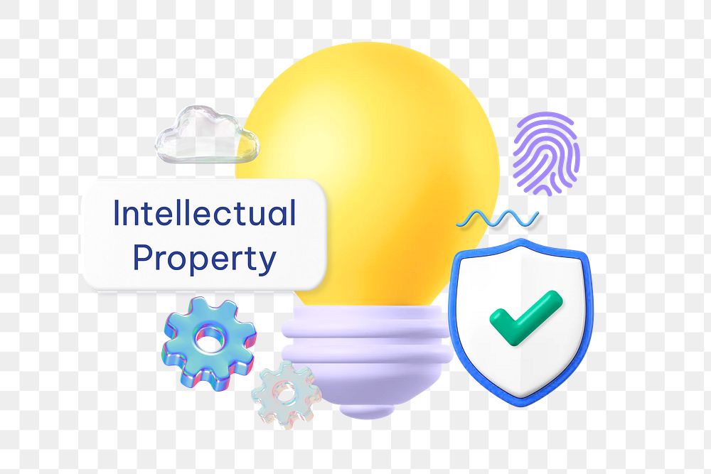 Intellectual property png word, 3D light bulb remix on transparent background