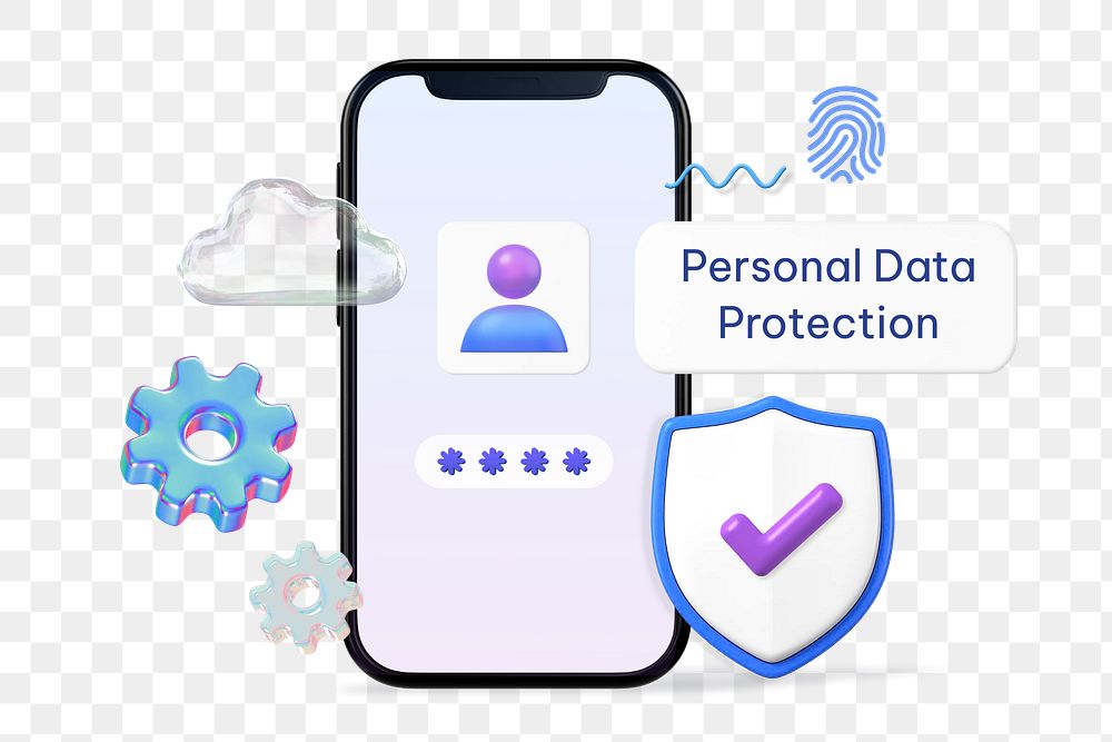 3D smartphone png, personal data protection remix, transparent background