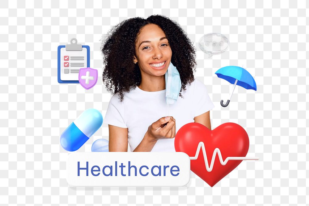 Healthcare png word, smiling woman, healthcare remix on transparent background
