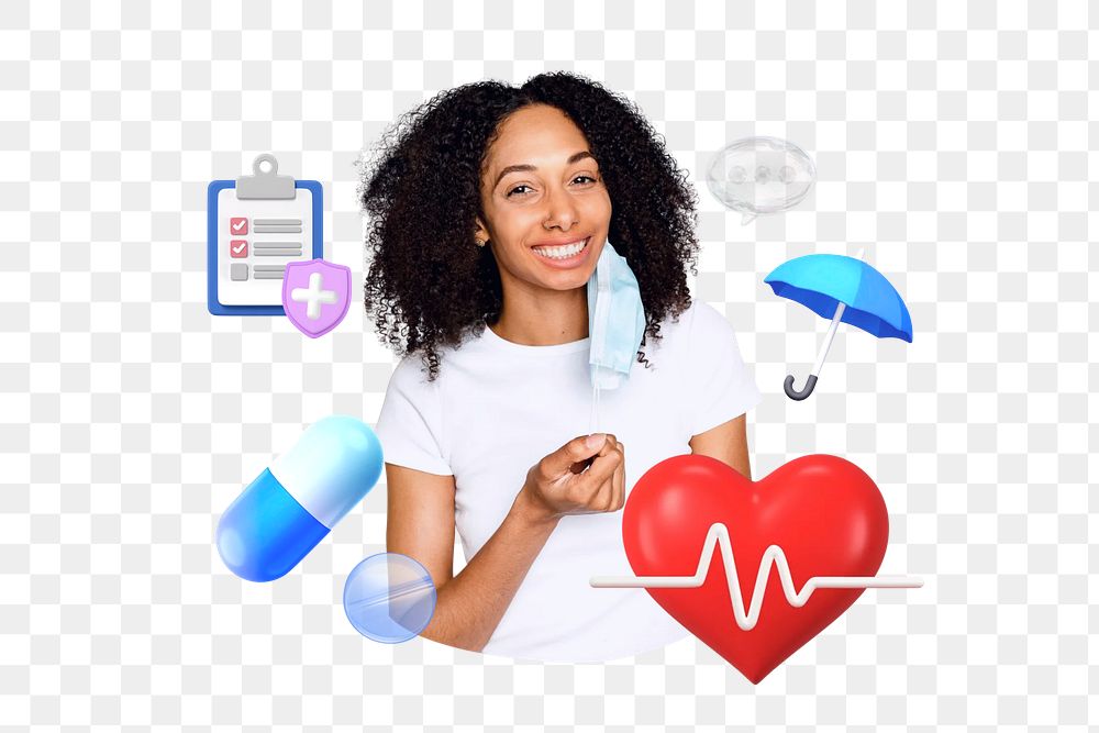 Health insurance png, smiling woman, healthcare remix, transparent background