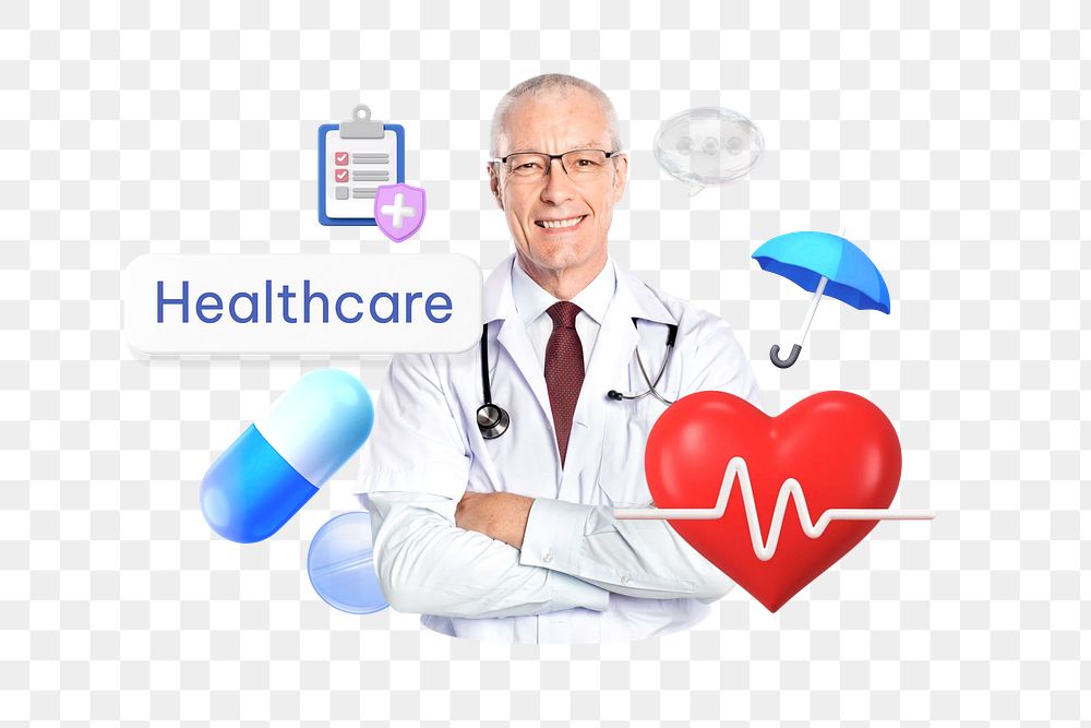 Healthcare png word, smiling doctor, healthcare remix on transparent background