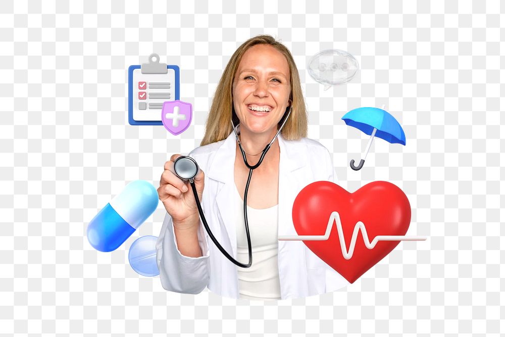 Health check-up png, smiling doctor, healthcare remix, transparent background