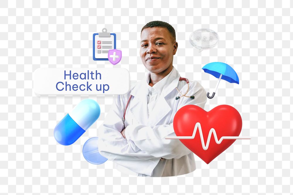 Health check up png word, smiling doctor, healthcare remix on transparent background