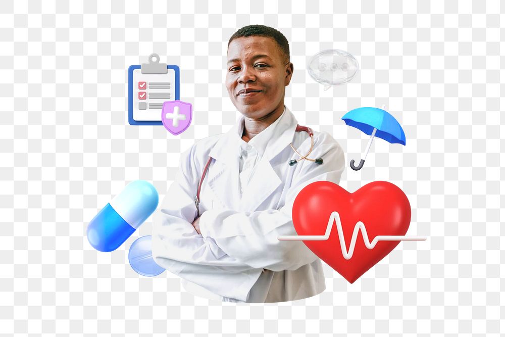 Health check-up png, smiling doctor, healthcare remix, transparent background