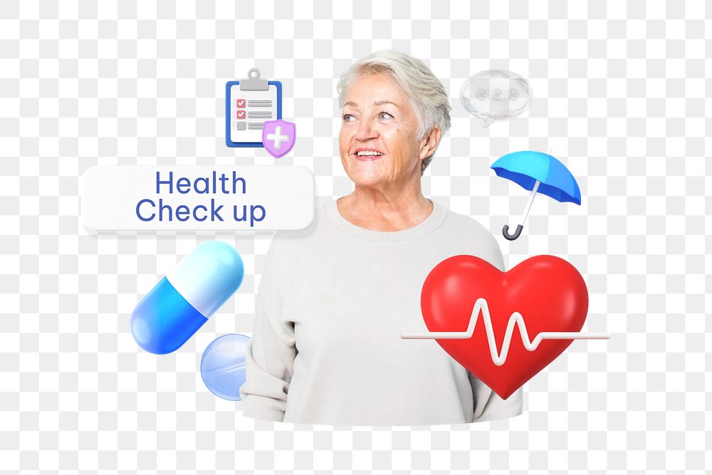 Health check up png word, smiling woman, healthcare remix on transparent background