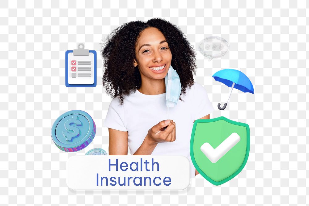 Health insurance png word, smiling woman remix on transparent background