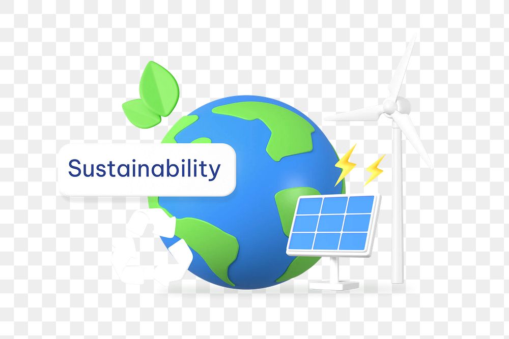 Sustainability png word, 3D globe environment remix on transparent background