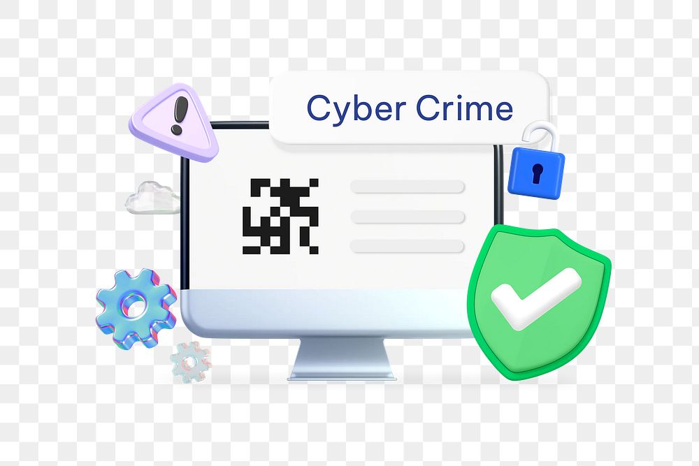 Cyber crime png word, 3D computer technology remix on transparent background