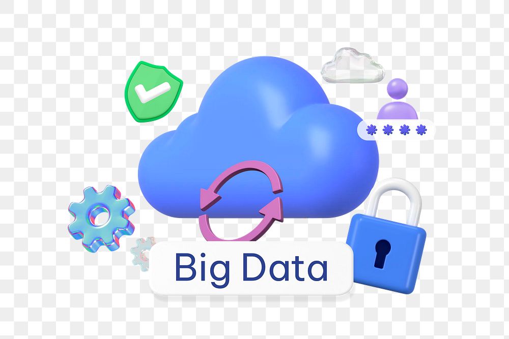 Big data png word, 3D cloud remix on transparent background