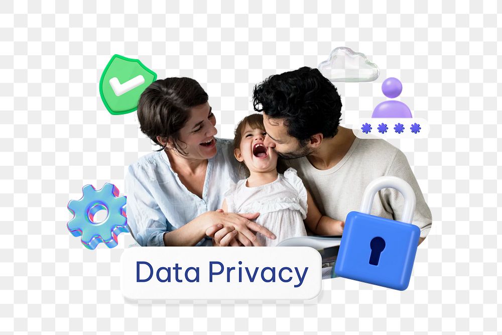 Data privacy png word, happy family remix on transparent background