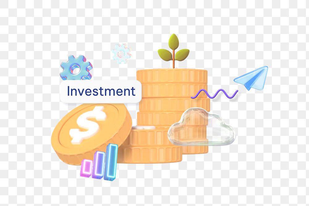 Investment png word, 3D stacked coins, finance remix on transparent background