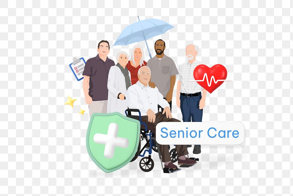 Senior care png word, healthcare remix on transparent background