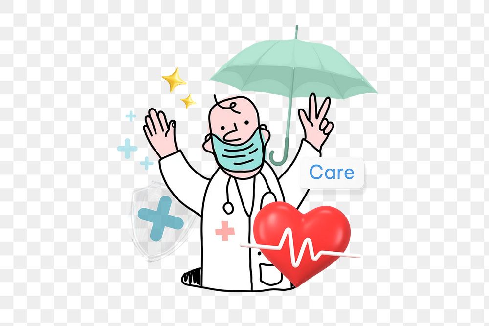 Care png word, doctor illustration remix on transparent background