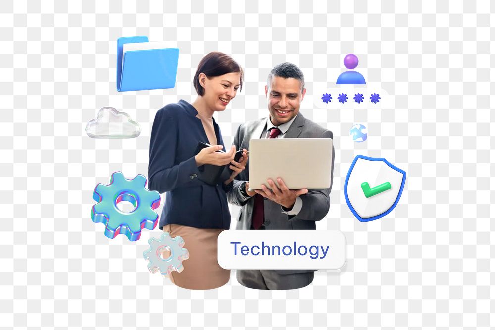 Technology png word, business team remix on transparent background