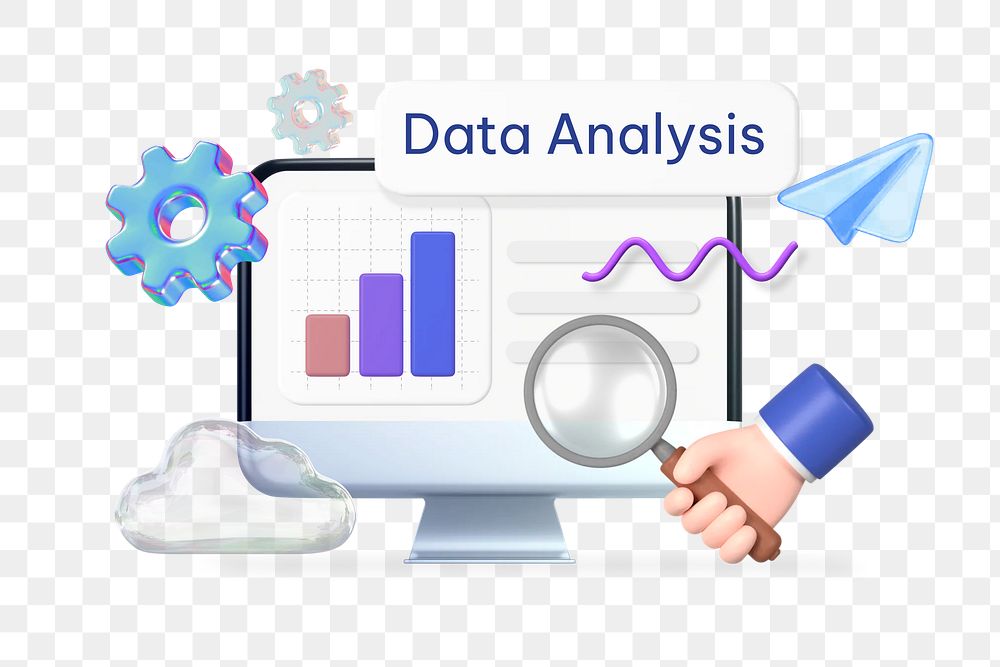 Data analysis png word, business analytics 3D remix on transparent background