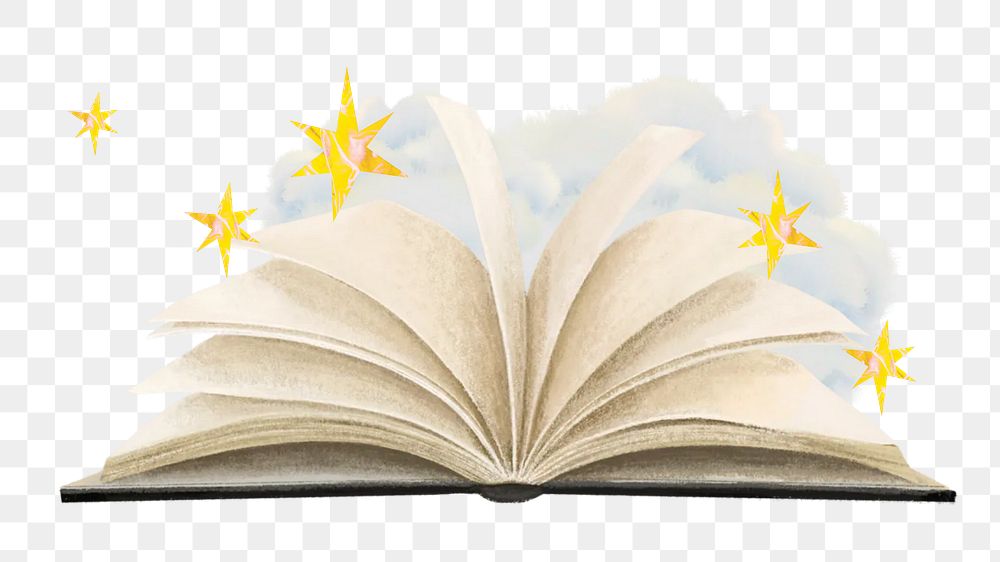 Sparkly open book png, education remix, transparent background