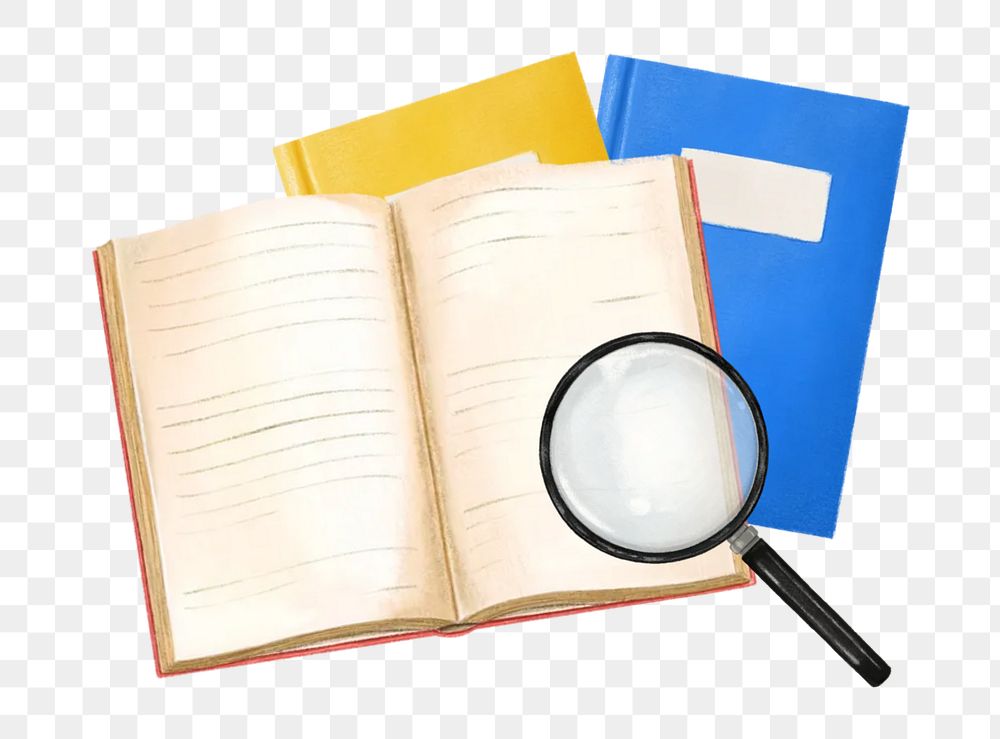 Textbooks png magnifying glass, education illustration, transparent background