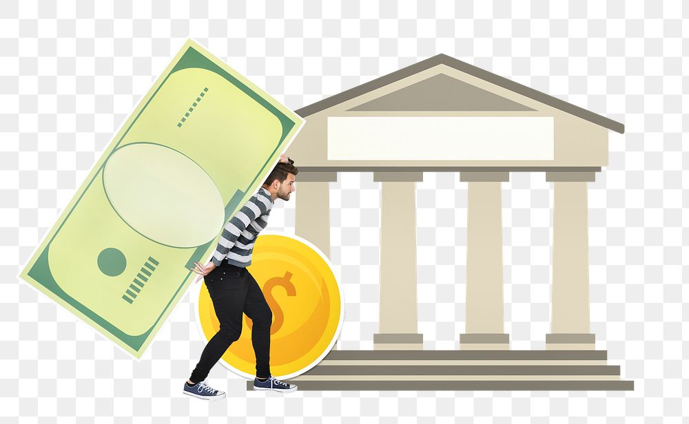 Png Guy carrying a large money bill cardboard, transparent background