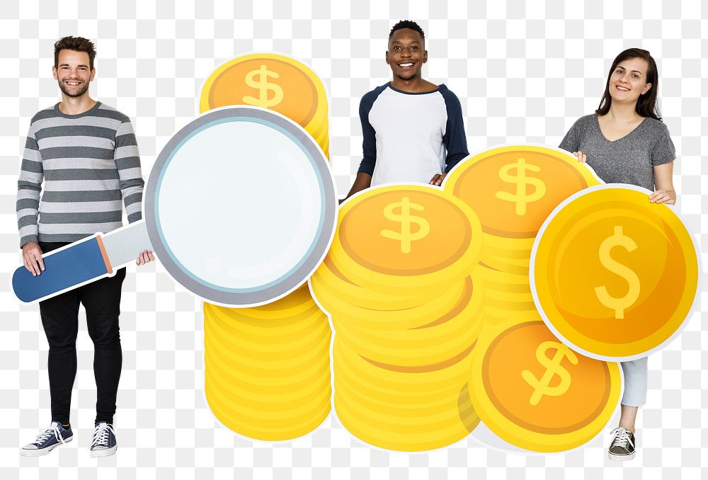 Png People holding icons related to money and currency, transparent background