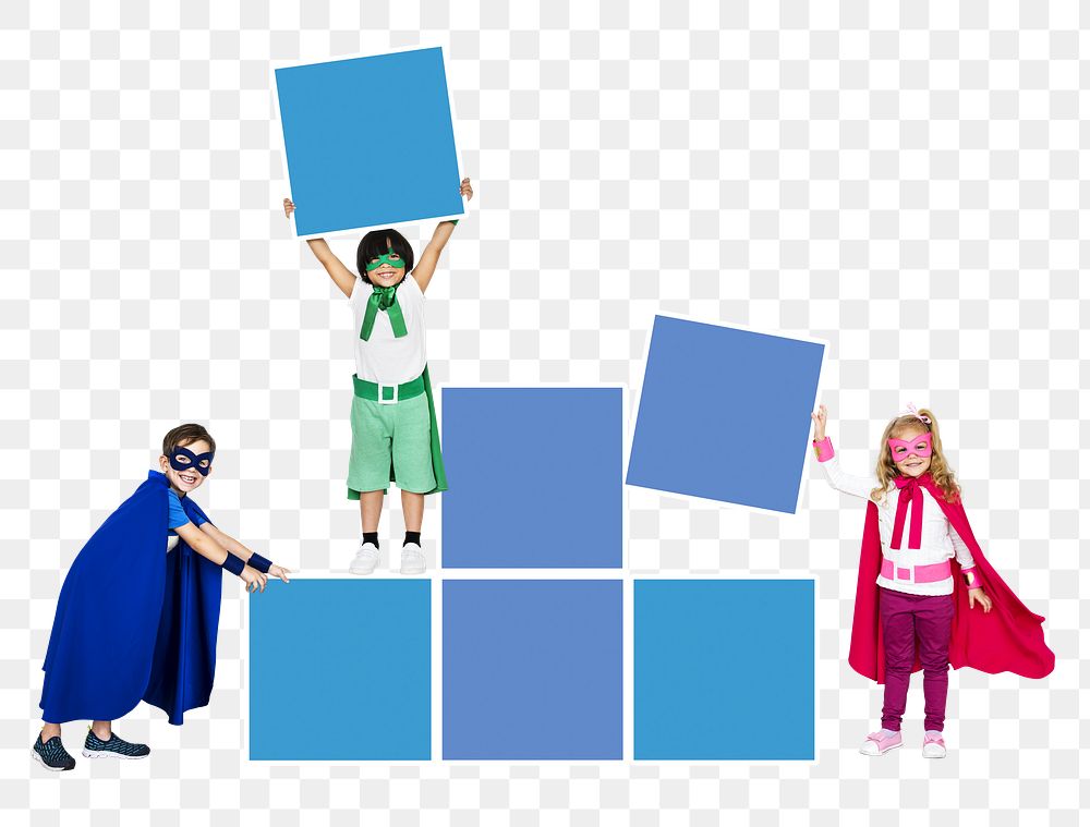 Superheroes kids stacking  boxes png, transparent background