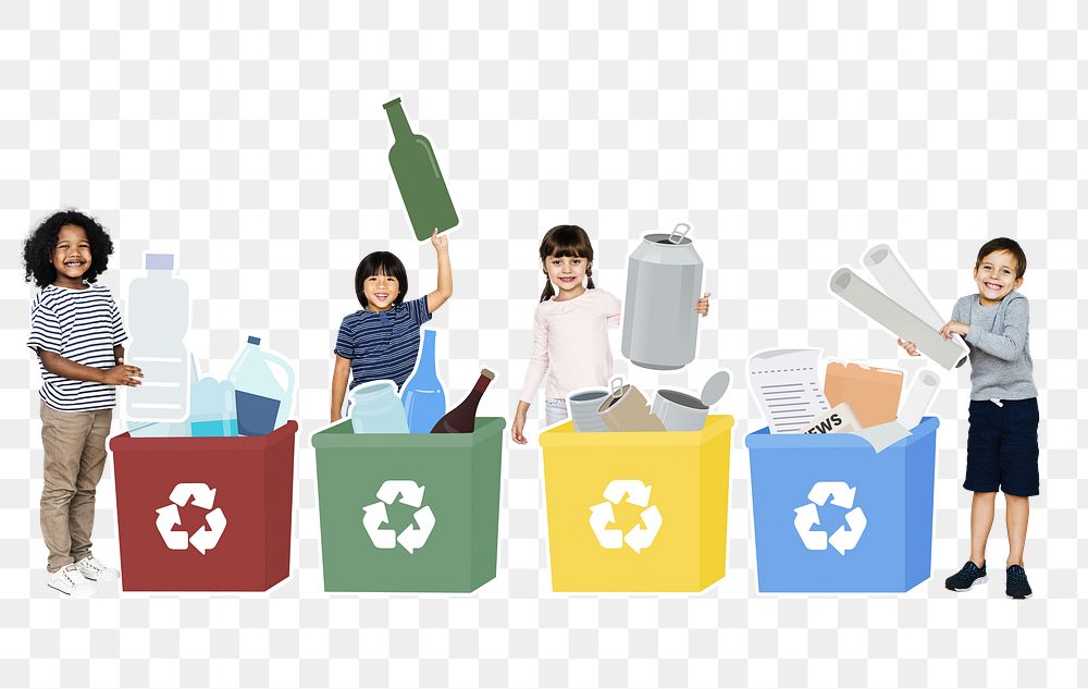 Kids recycling trash png, transparent background