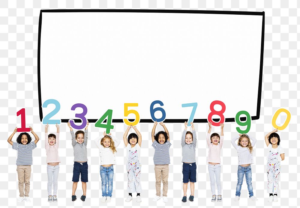 Diverse kids with numbers png, transparent background