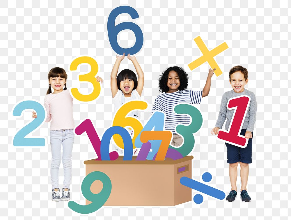 School kids learning numbers png, transparent background