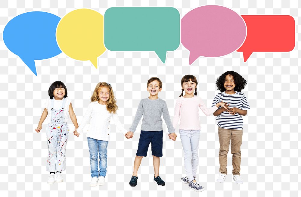 Children with speech bubbles png, transparent background