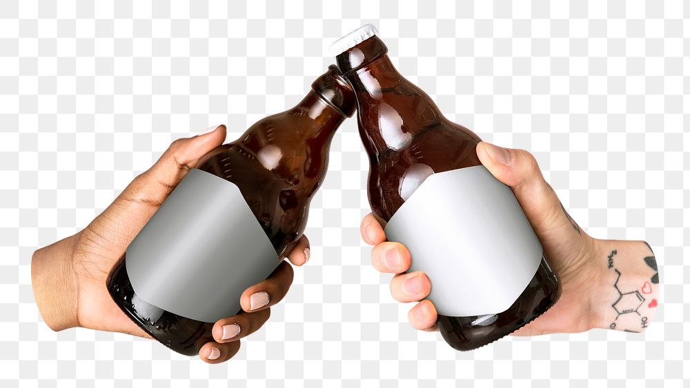 PNG Couple toasting with beer bottles  , collage element, transparent background