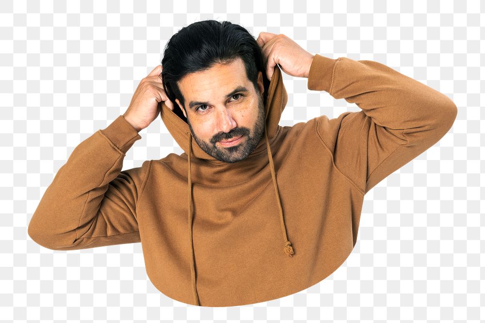 Png man in brown hoodie, indian model, transparent background