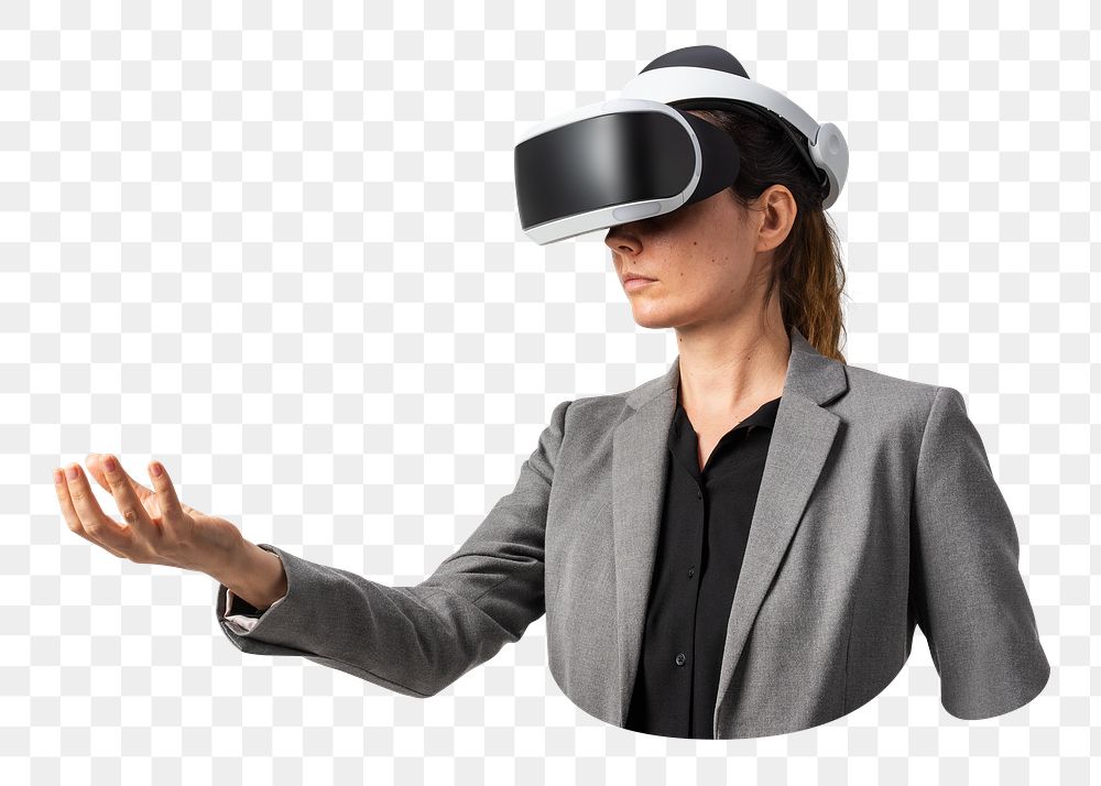 Woman wearing VR headset, transparent background
