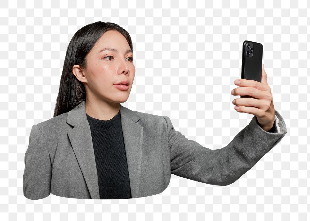 PNG Businesswoman with smartphone, collage element, transparent background