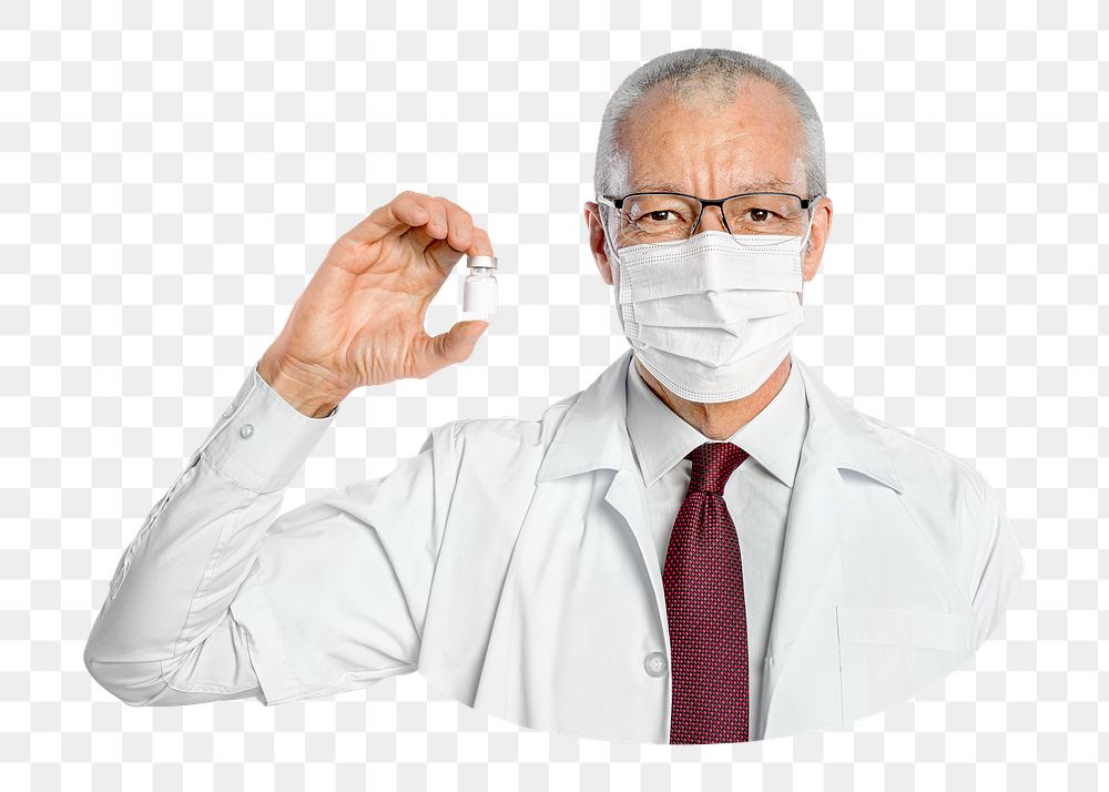 Matured male doctor png holding a vaccine bottle, transparent background