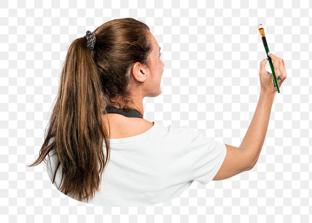Female artist png holding a paintbrush, transparent background