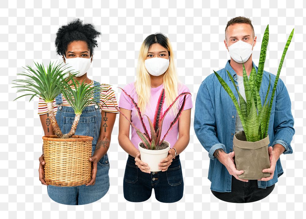 Png people holding houseplant, transparent background