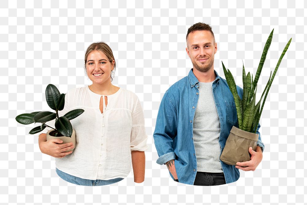 PNG parent couple holding potted houseplants, collage element, transparent background