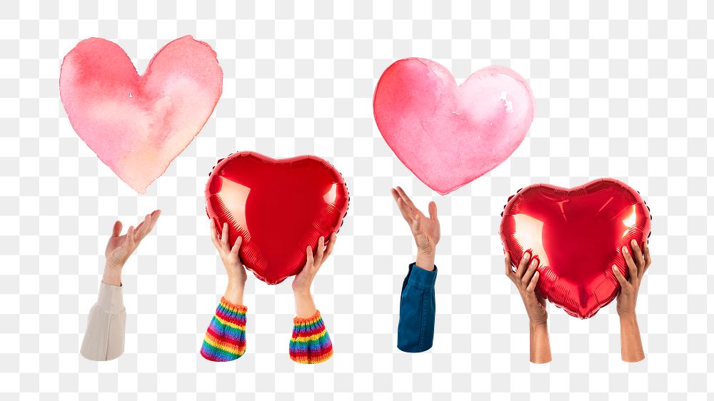 PNG people holding hearts for Valentines’ celebration, collage element, transparent background