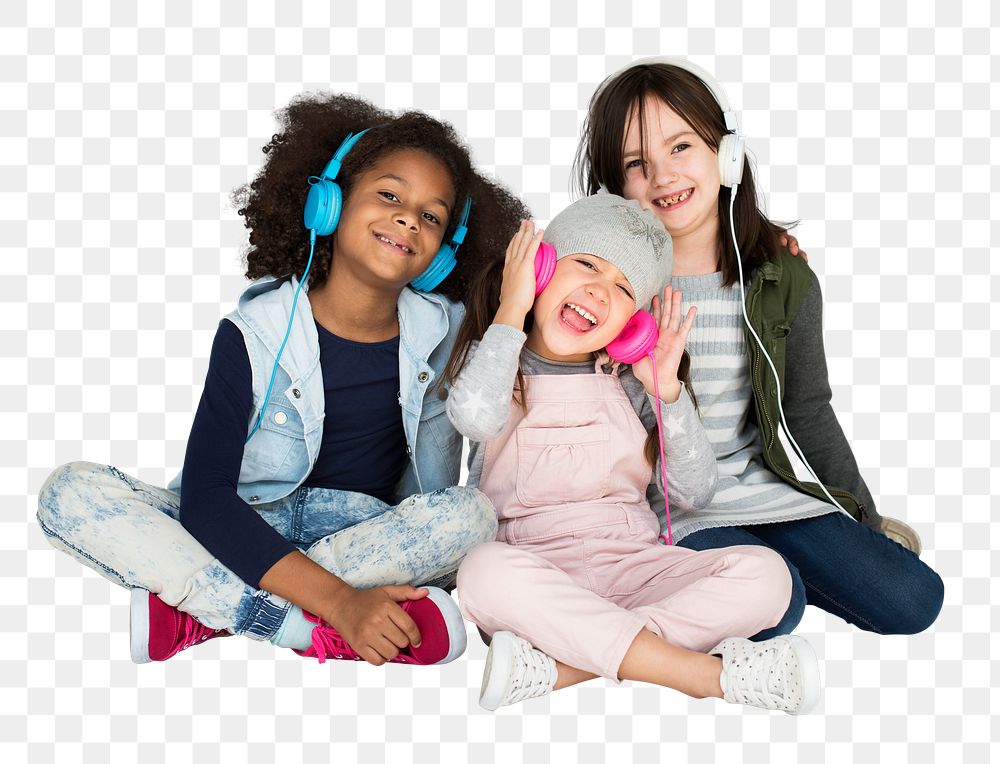 Kids png listening to music, transparent background