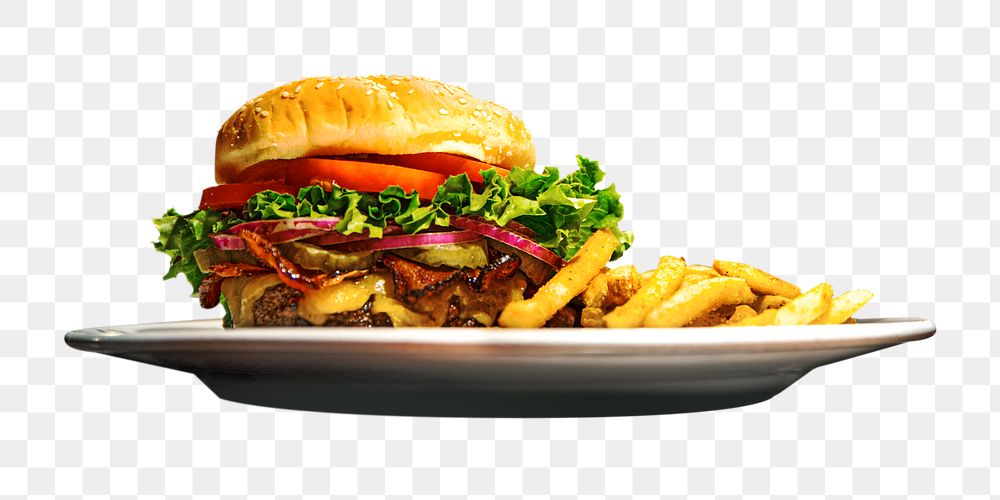 Cheeseburger & fries  png, transparent background