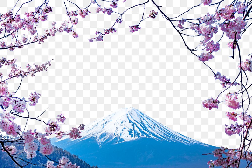 PNG Cherry blossom, Mount Fuji border, transparent background