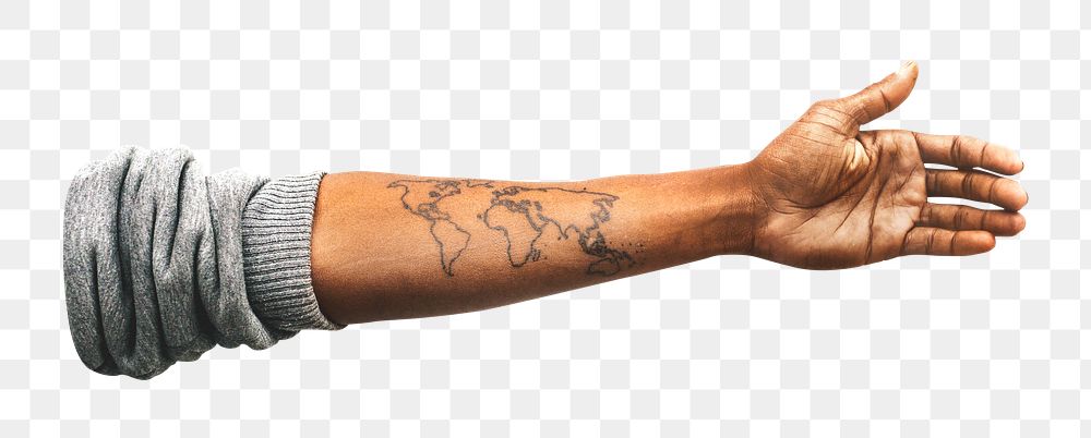 Png extended tattooed arm, isolated collage element, transparent background