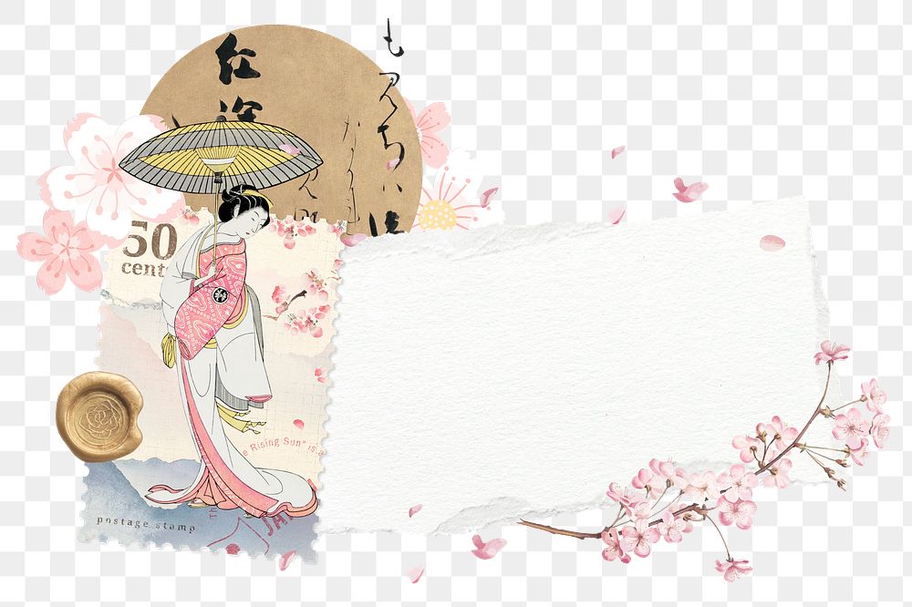 Japanese woman png sticker, ripped paper collage, transparent background