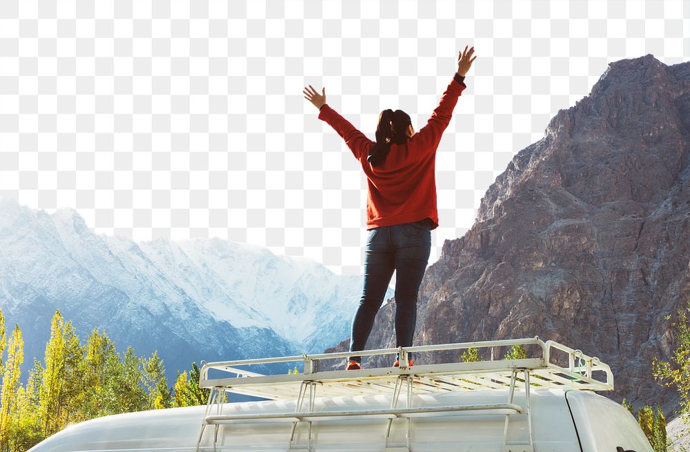 PNG Woman standing on a van facing the beautiful mountain collage element, transparent background