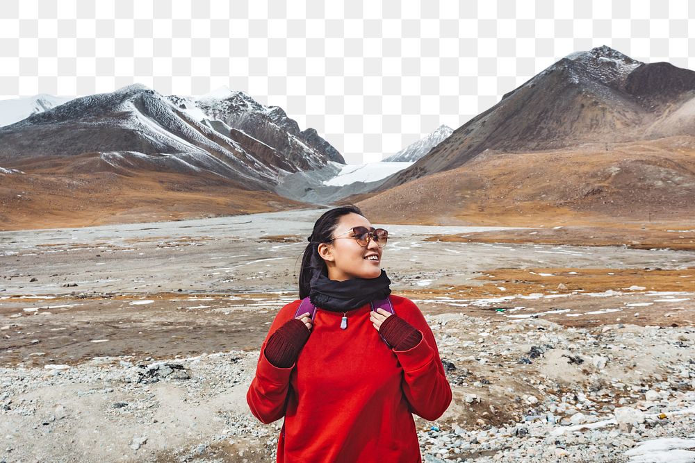 PNG Female traveler, Himalaya mountains border, transparent background