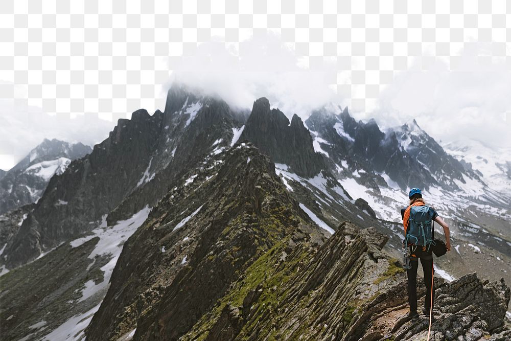 PNG Backpacker hiking up mountains border, transparent background