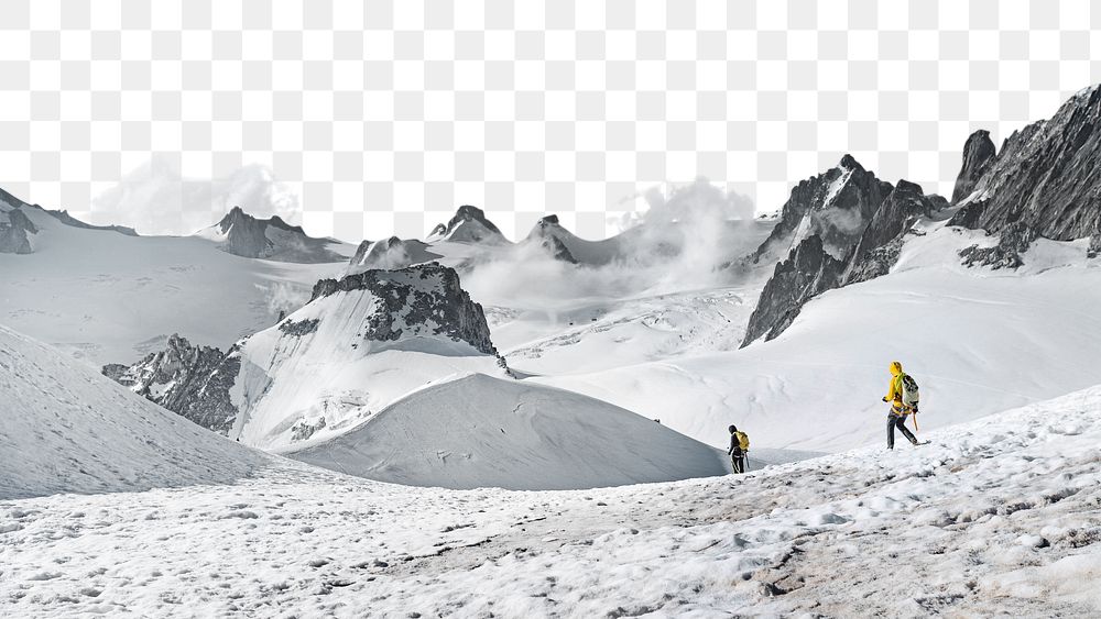 PNG Winter hiking, snowy mountains border, transparent background