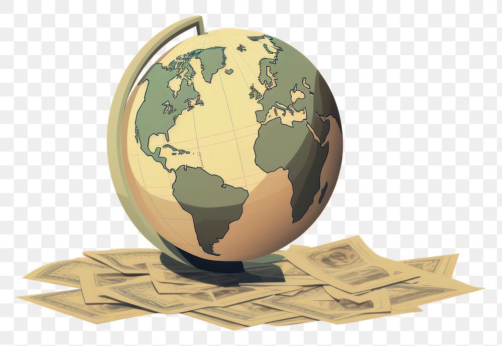 PNG World globe near money banknote planet space investment. 