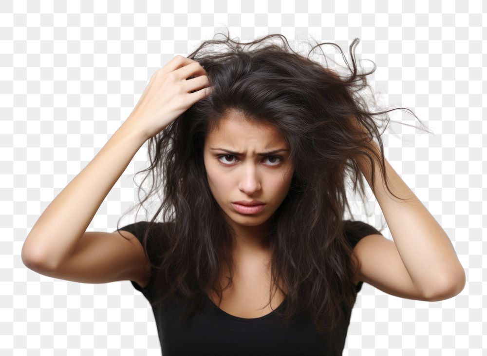 PNG Woman messy hair portrait adult disappointment. AI generated Image by rawpixel.