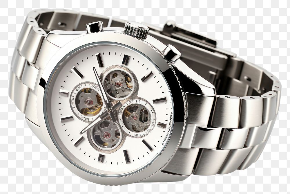 PNG Wristwatch silver white background clockworks. AI generated Image by rawpixel.