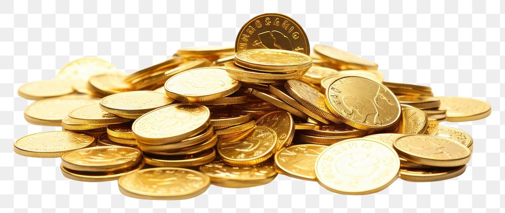 PNG  Many shiny gold coins backgrounds money white background. AI generated Image by rawpixel.